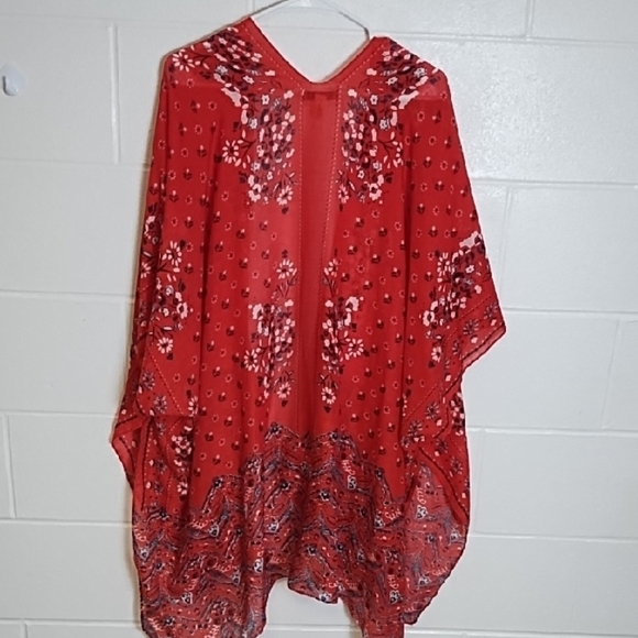 Chic Red Navy White Floral Kimono Coverup Tunic OSFA Bandana Print - Picture 10 of 10
